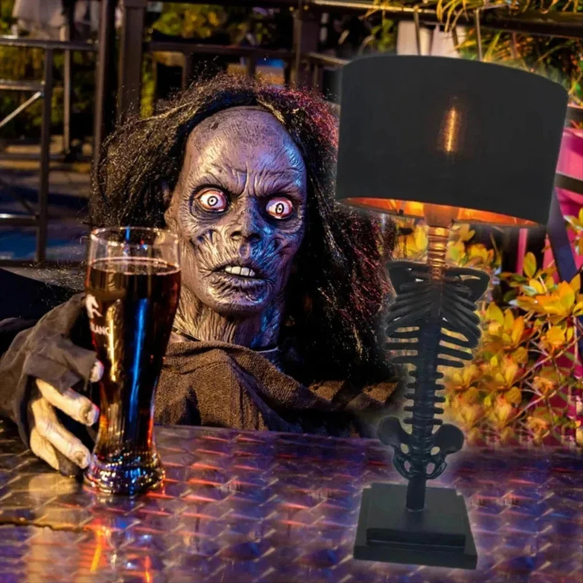 Skeleton Table Lamp with Black Fabric Shade, Gothic Halloween Decor