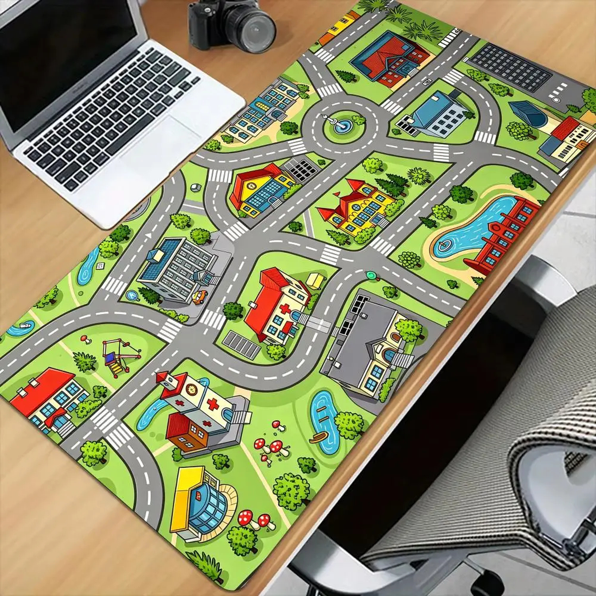 Oversized Cartoon City Road Desk Mat with Stitched Edges