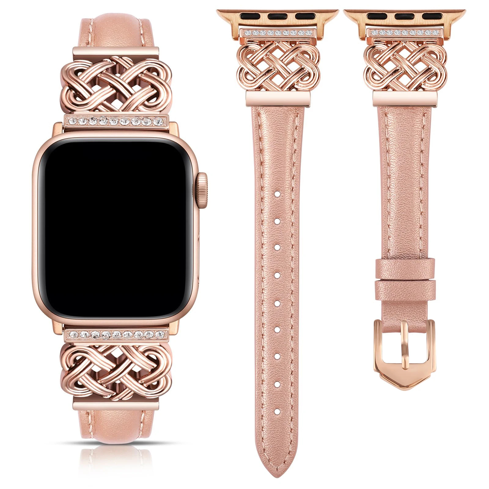 Jeweled Knot Leather Apple Watch Band with Stone Detail