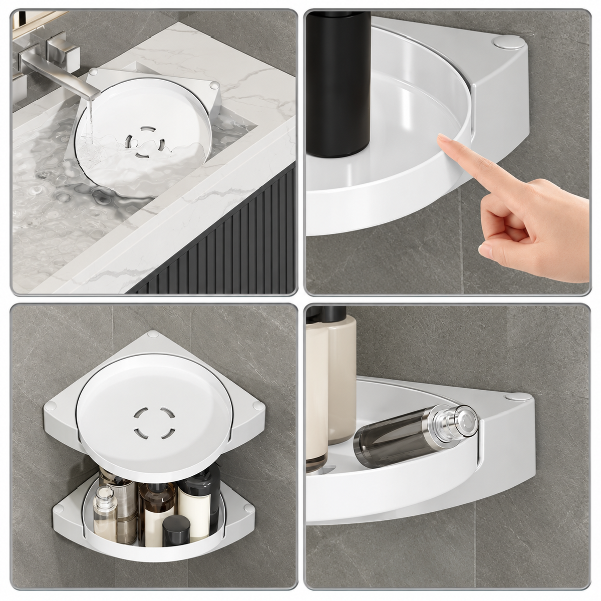Rotating Corner Bathroom Shelf with Removable Tray and Rail