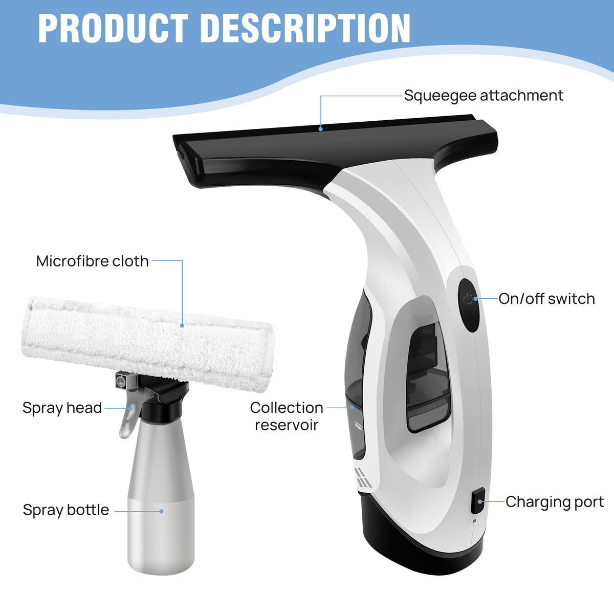 Rechargeable Window Vacuum with Spray and Squeegee
