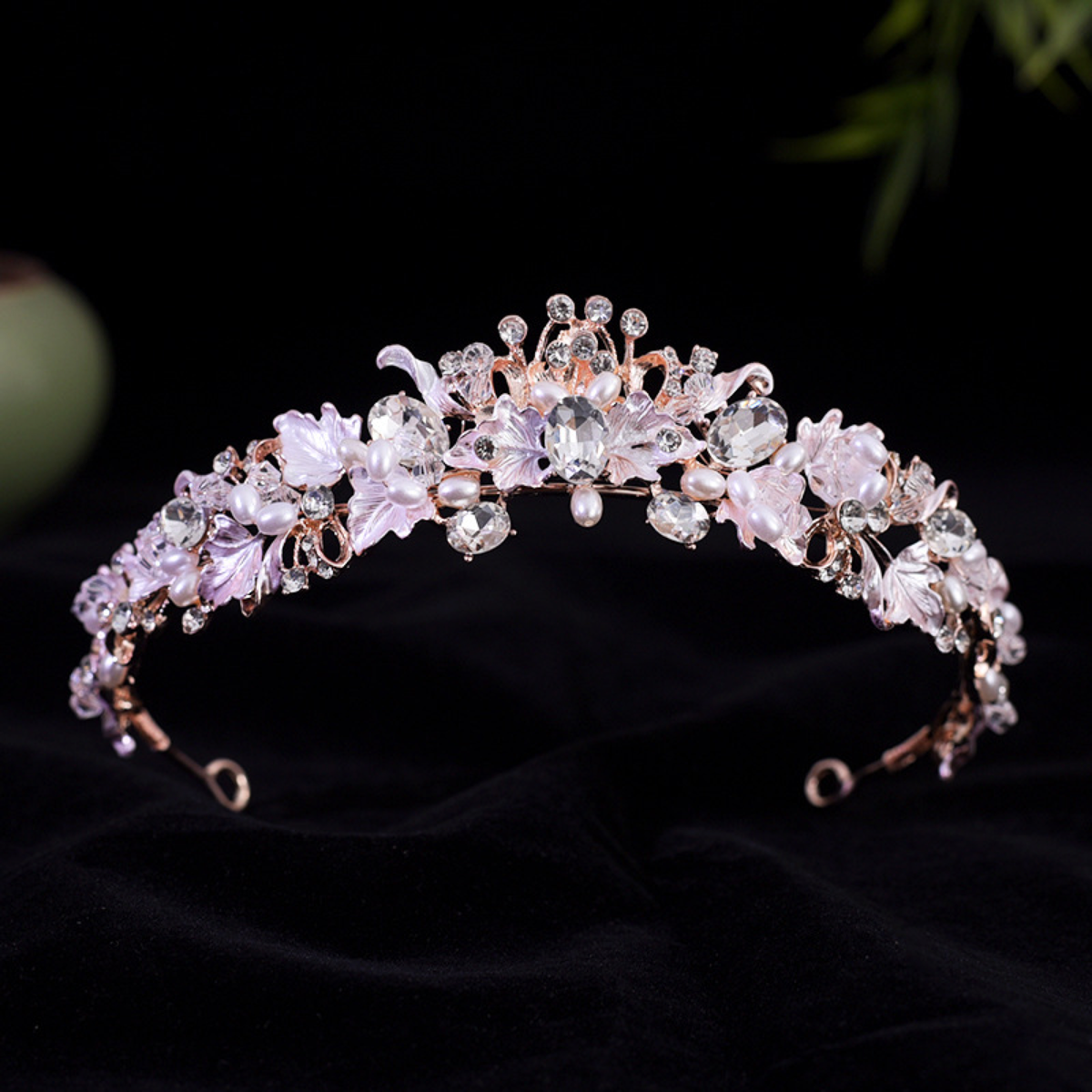 Floral Bridal Tiara with Faceted Stones and Pearl-Look Accents