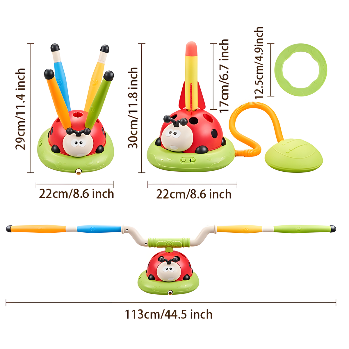 3-in-1 Ladybug Activity Toy for Jumping, Ring Toss and Rockets