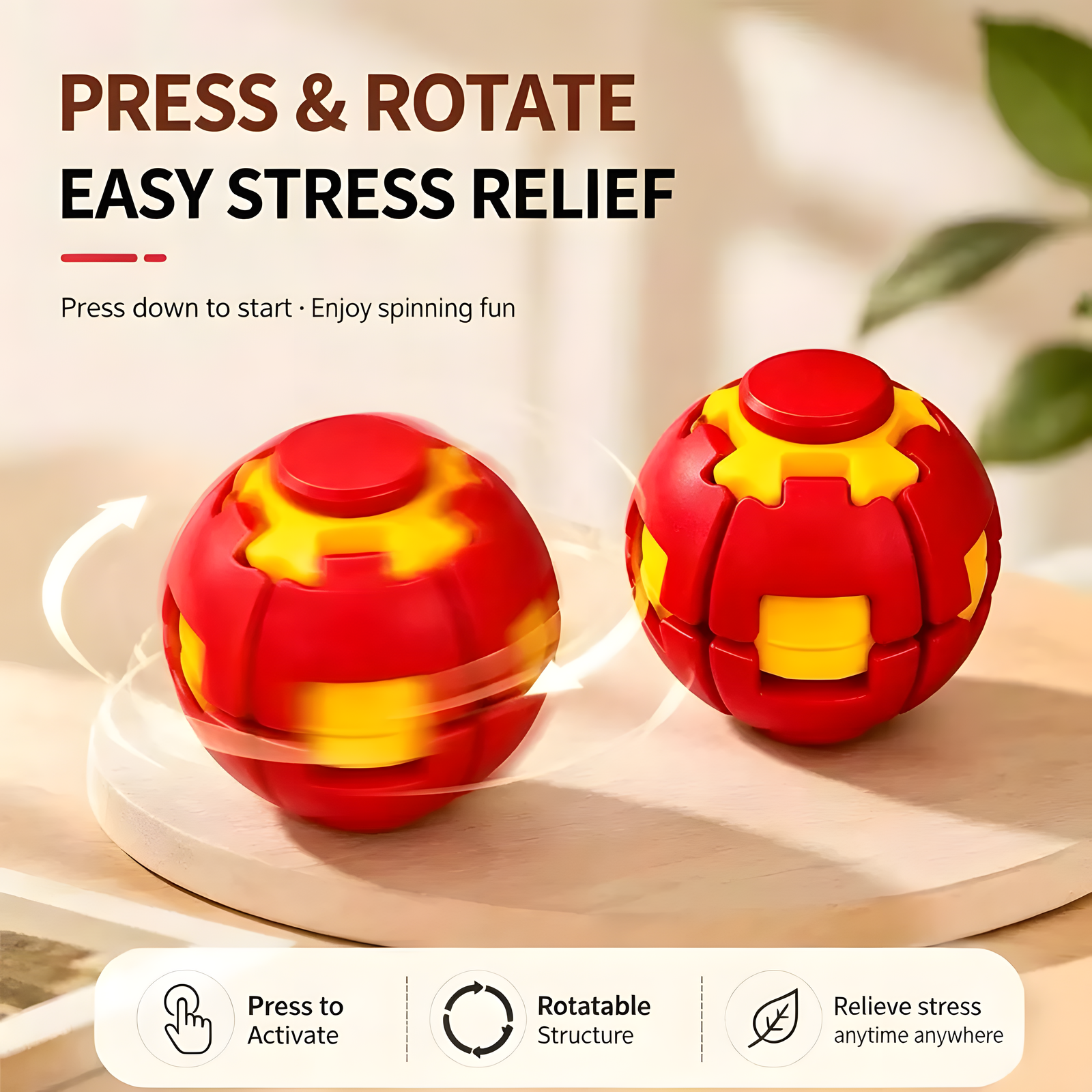 Press and Spin Fidget Ball Tactile Desk Toy 6.5cm 9 Colors