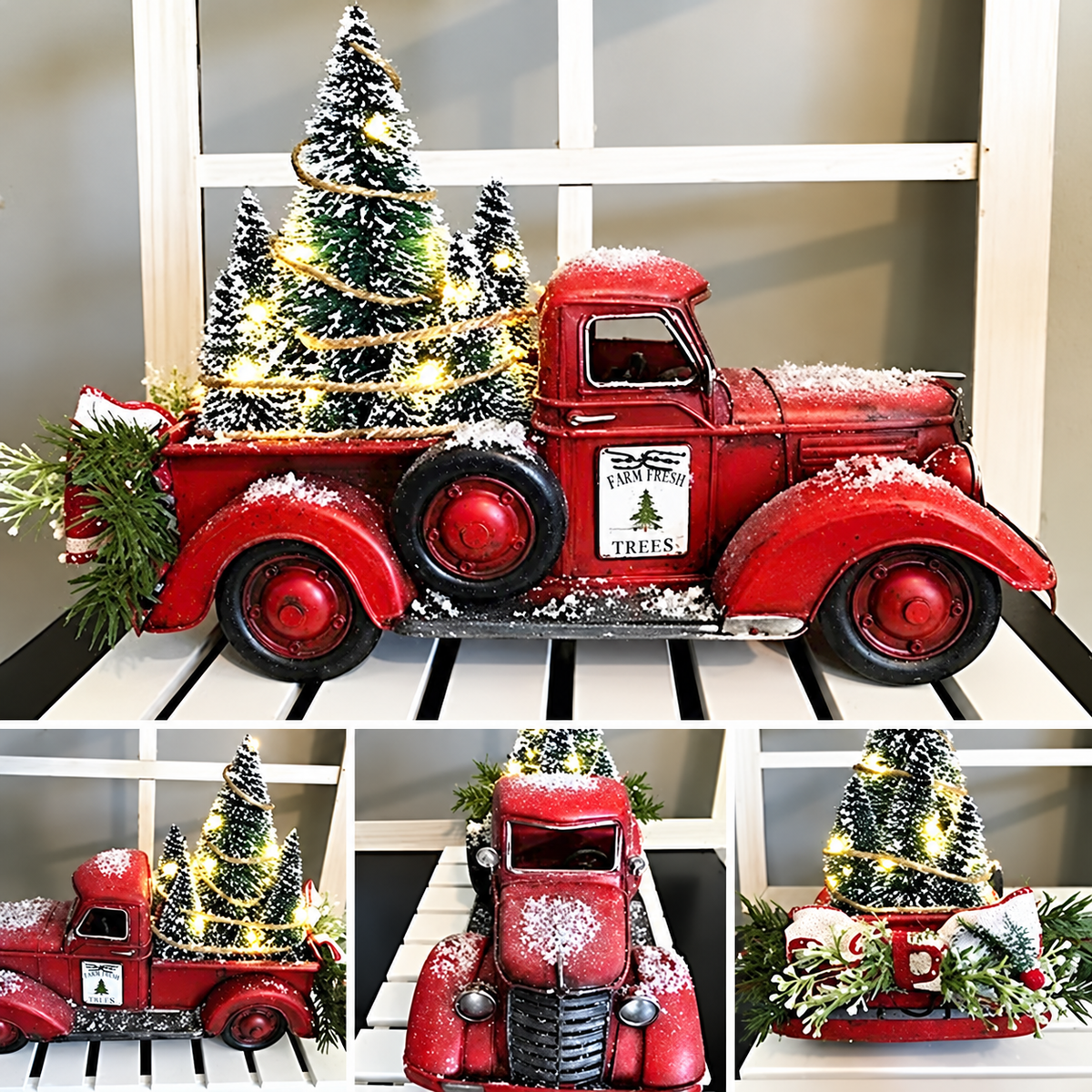 Red Christmas Pickup Truck Ornament with Miniature Trees