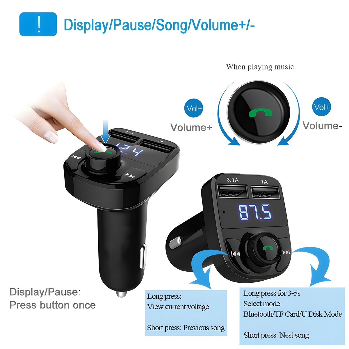 Bluetooth FM Car Transmitter with Dual USB Charging Ports