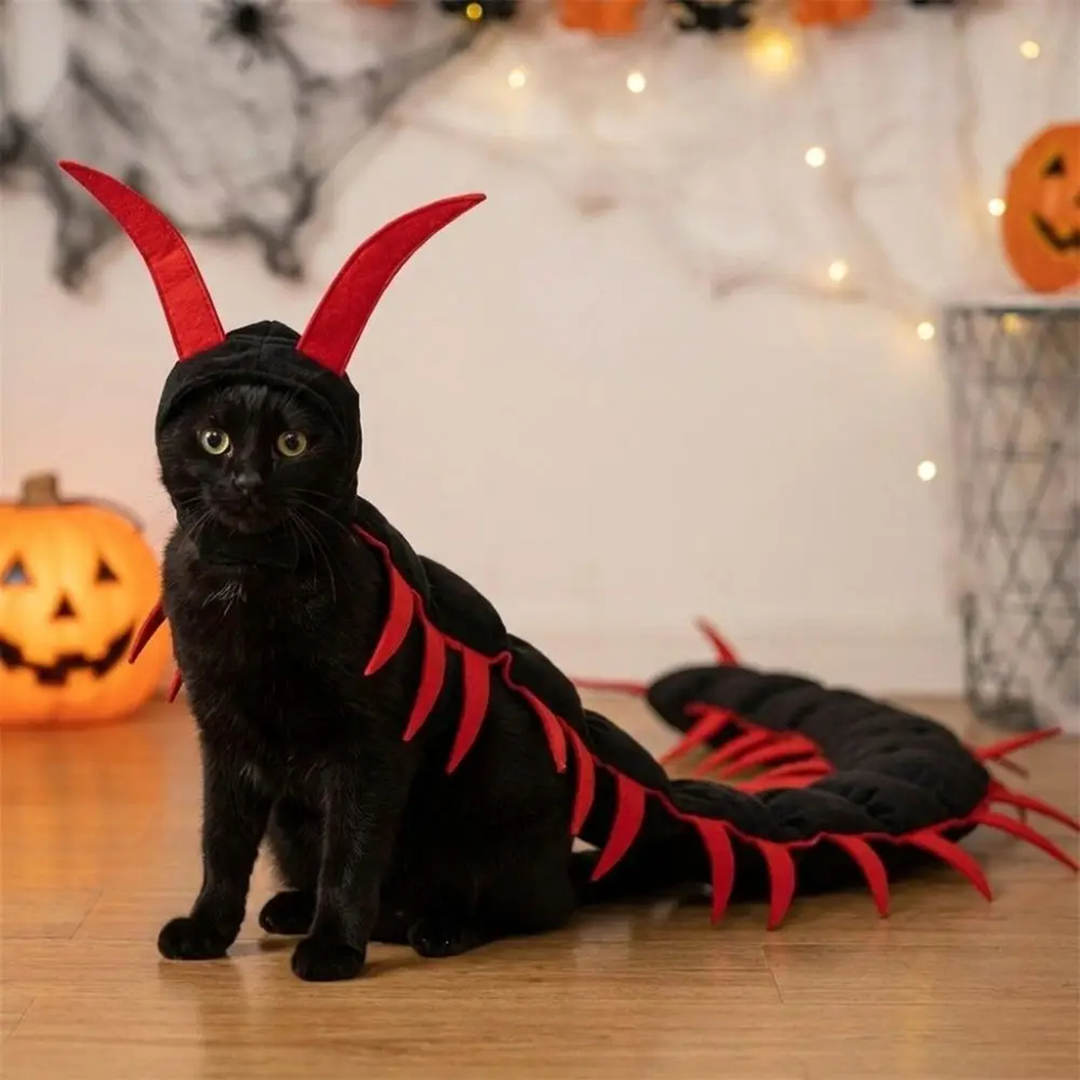 Fluffy Centipede Halloween Cat Costume with Hood and 3D Legs