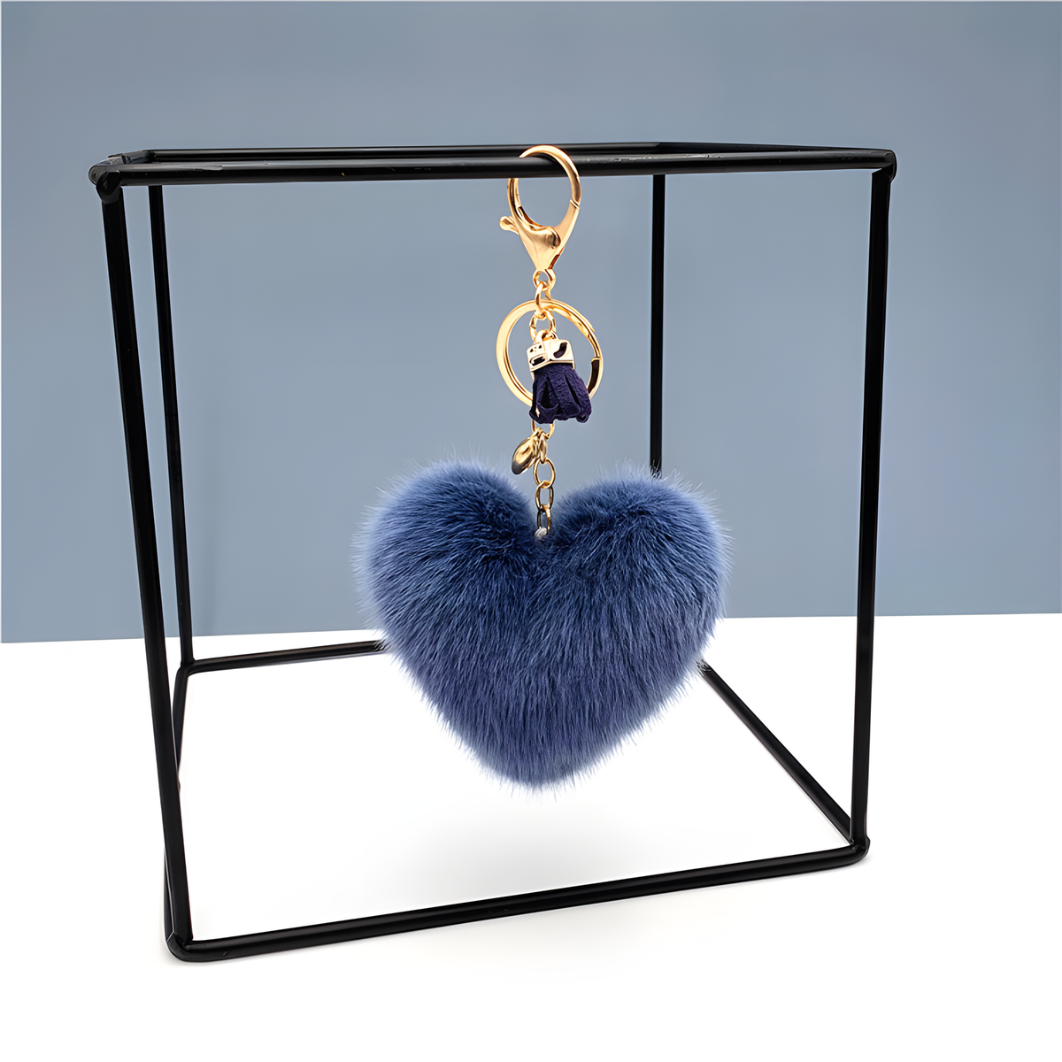 Fluffy Heart Keychain Charm with Tassel and Gold-Tone Clasp