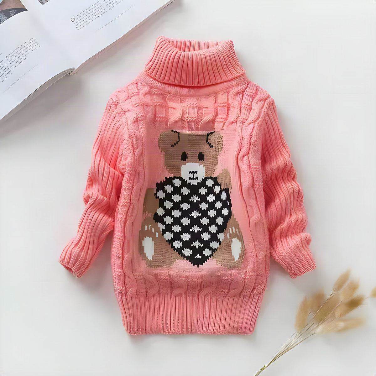 Kids Bear-Detail Ribbed Turtleneck Sweater in Seven Colors