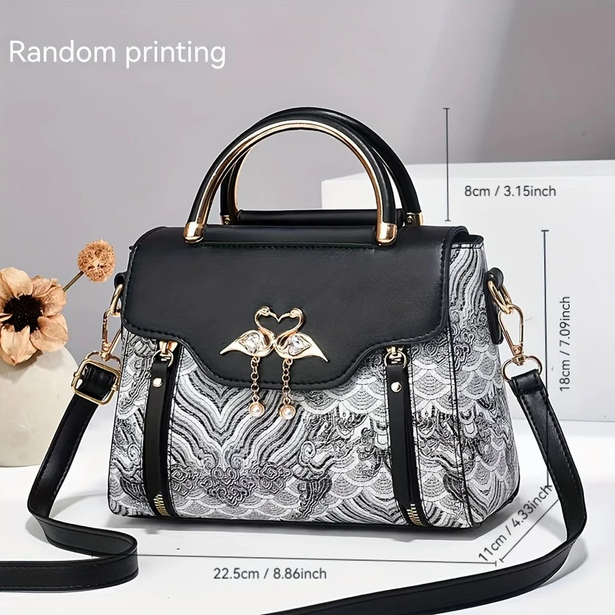 Printed Shoulder Bag with Bird Charm and Zip Divider, 22.5 cm