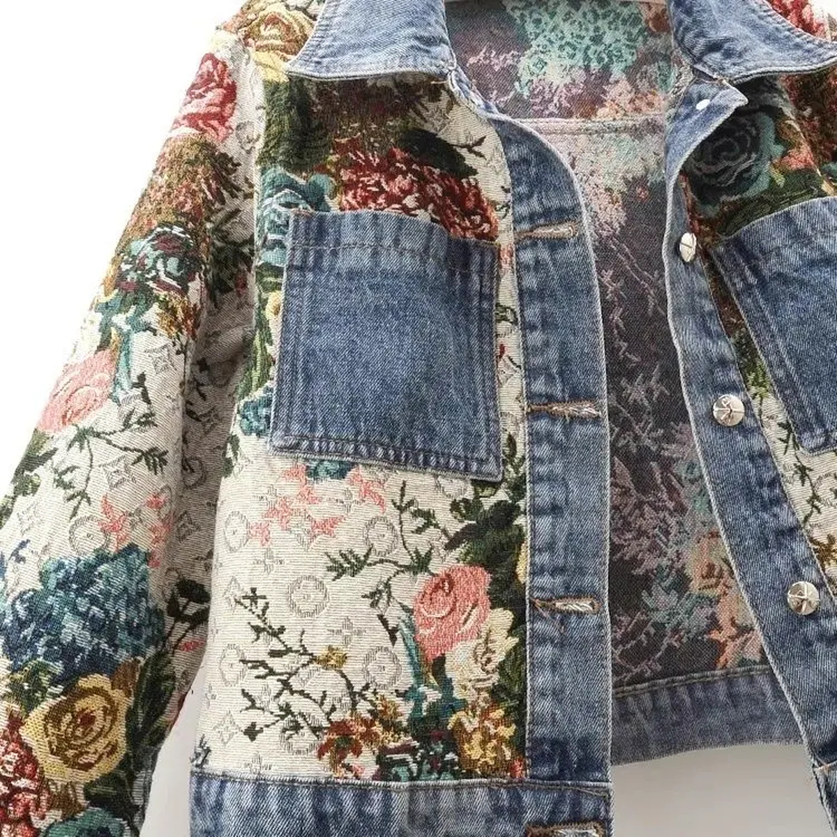 Floral Patchwork Denim Jacket with Button Front, S–3XL