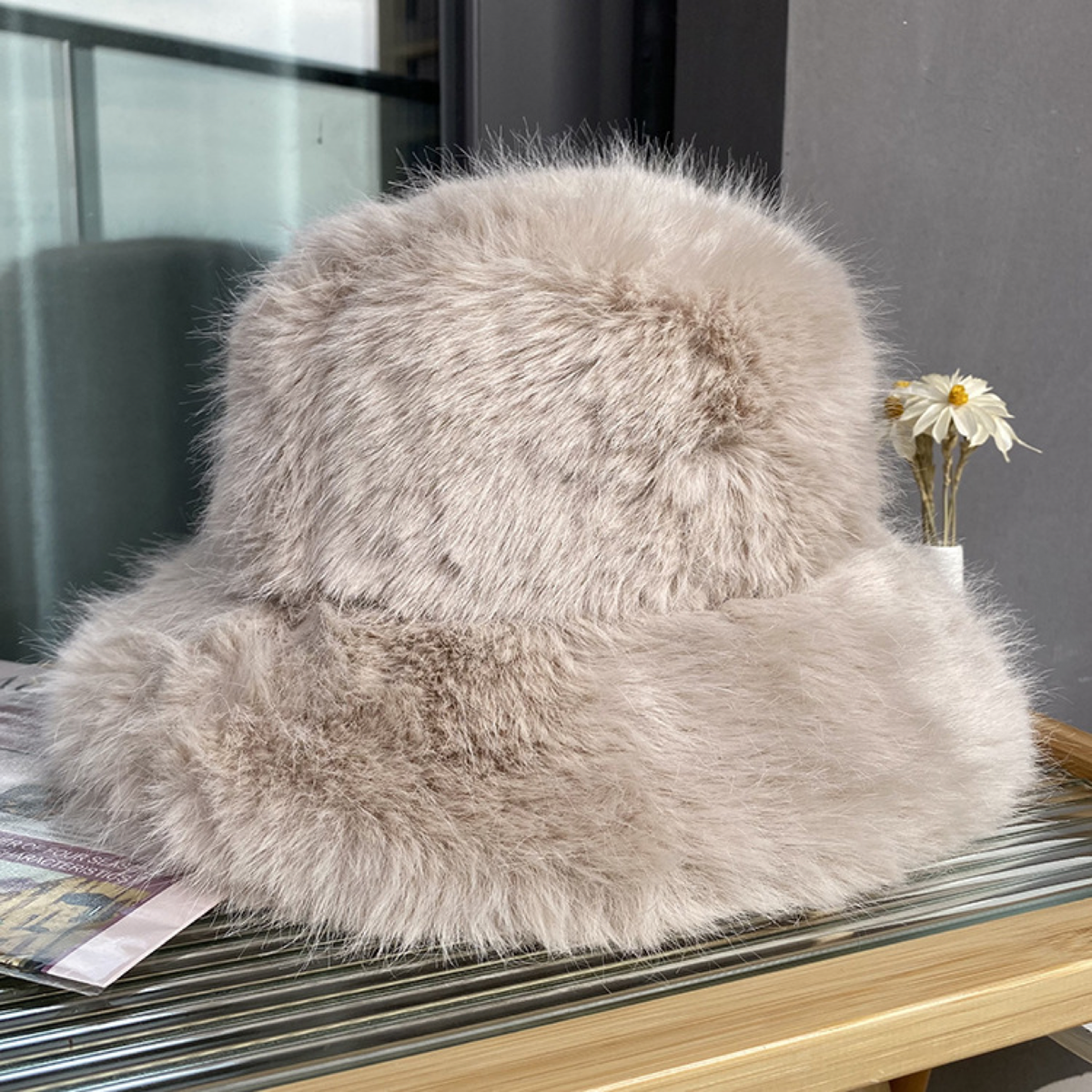 Plush Faux-Fur Bucket Hat with Rounded Crown and Soft Brim