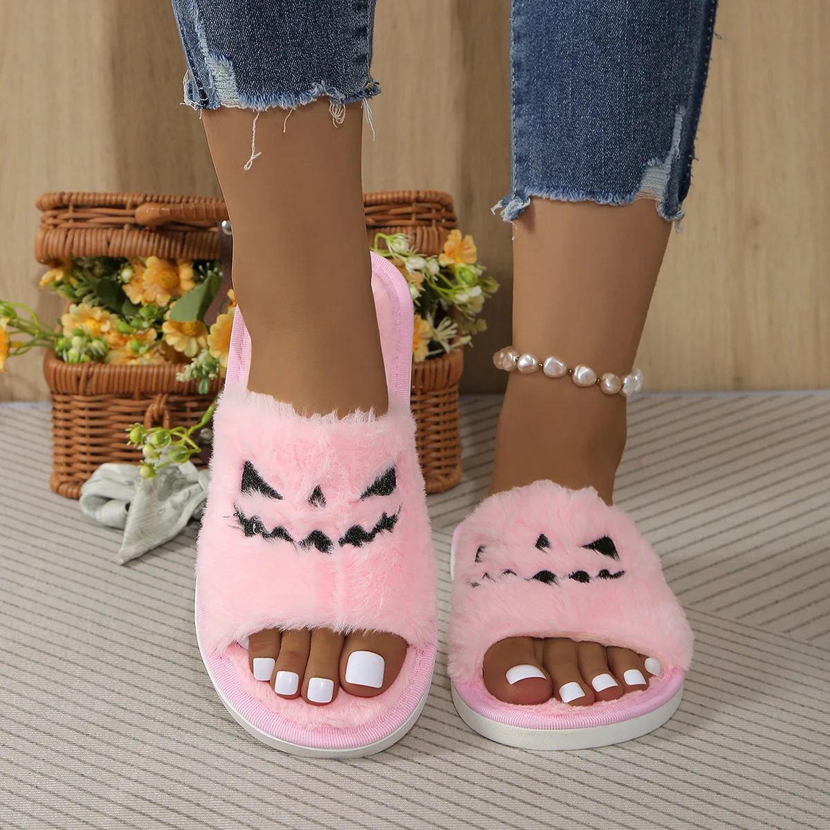 Halloween Plush Slippers, Pumpkin & Elk Faces, Open Toe One Size
