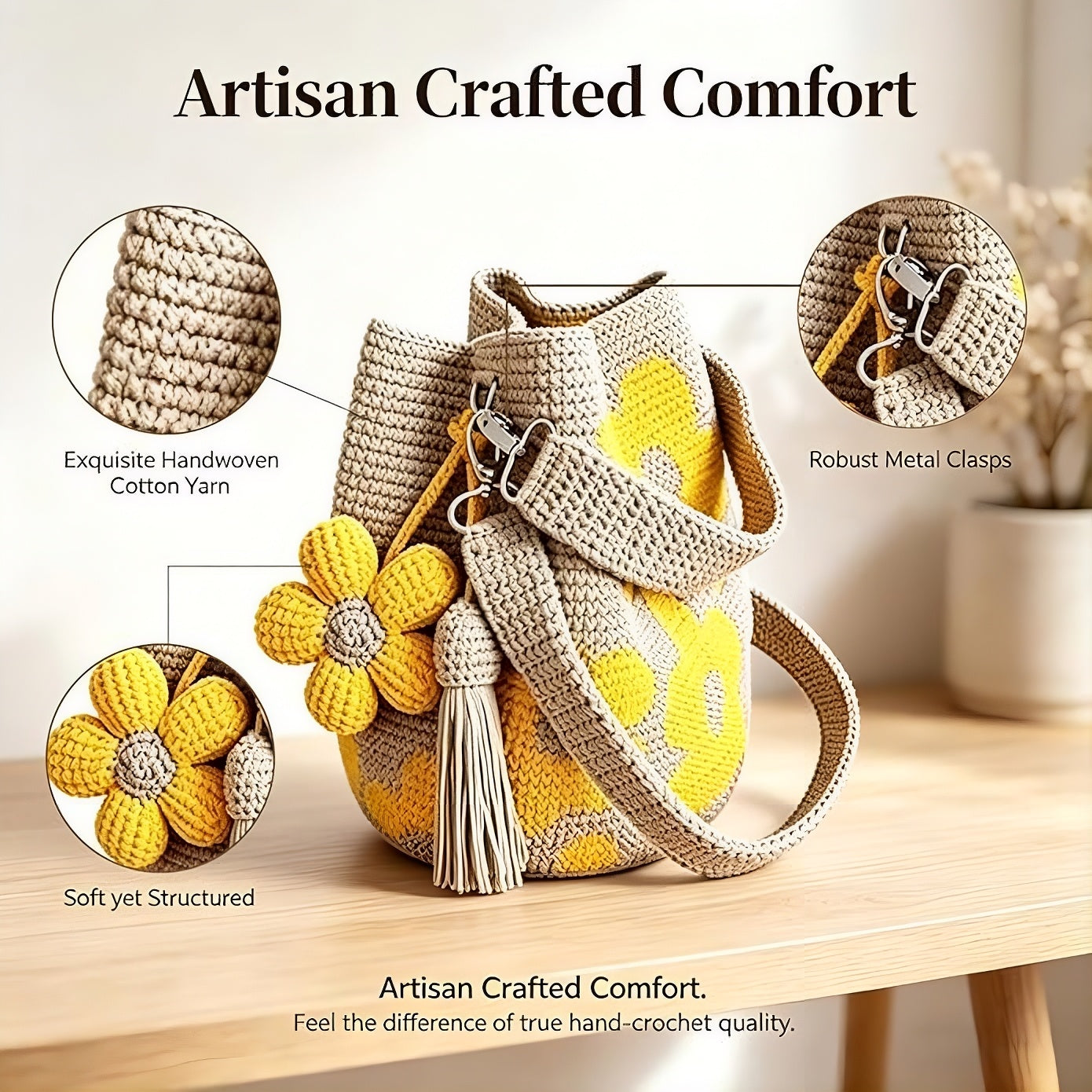 Handcrafted bag with yellow floral designs on a wooden surface, featuring close-up details and text about craftsmanship.