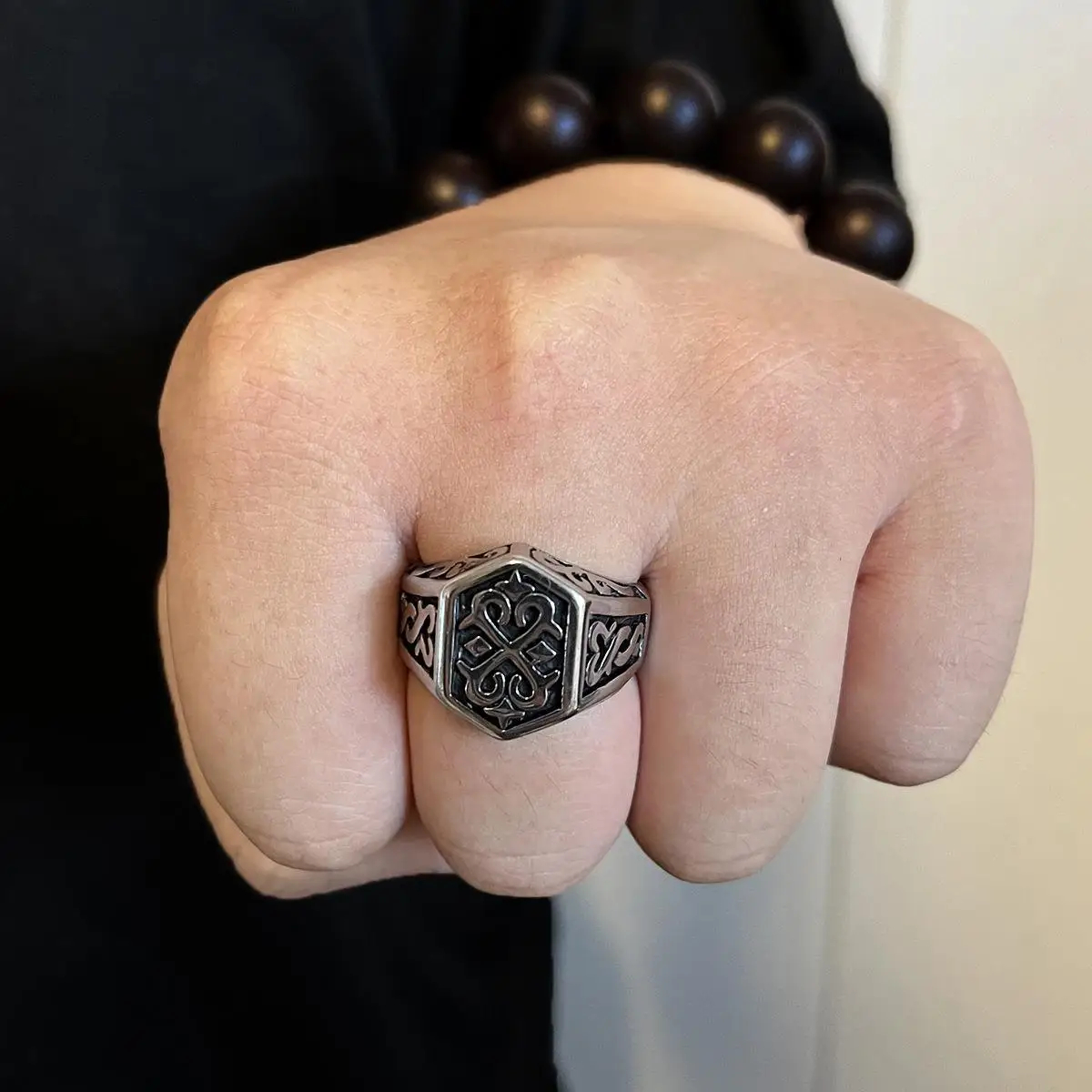 Silver-Tone Gothic Pattern Ring, Geometric Signet Design