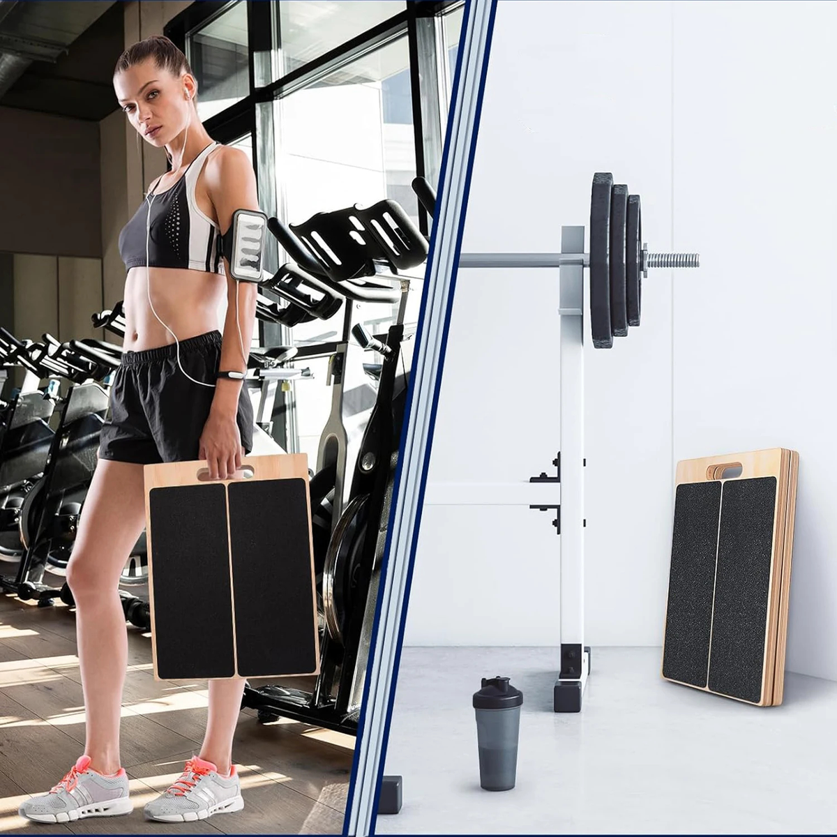 A fitness board exercise pad shown in two contexts: being held by a woman in a gym setting, and standing on the floor next to a barbell rack and shaker bottle.