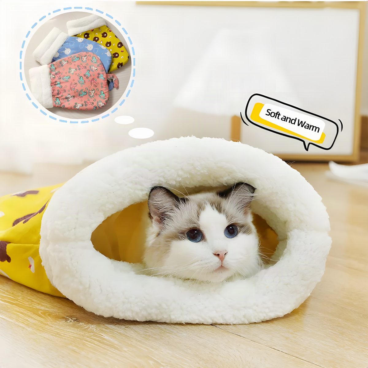 Plush Cat Sleeping Bag with Fold-Over Cuff and Cotton Filling