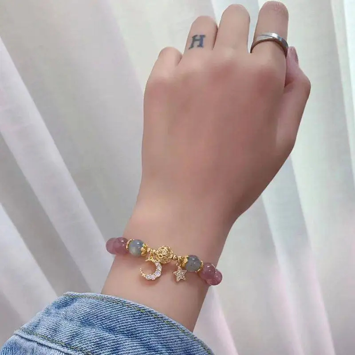 Moon-and-Star Beaded Charm Bracelet with Gold-Tone Accents