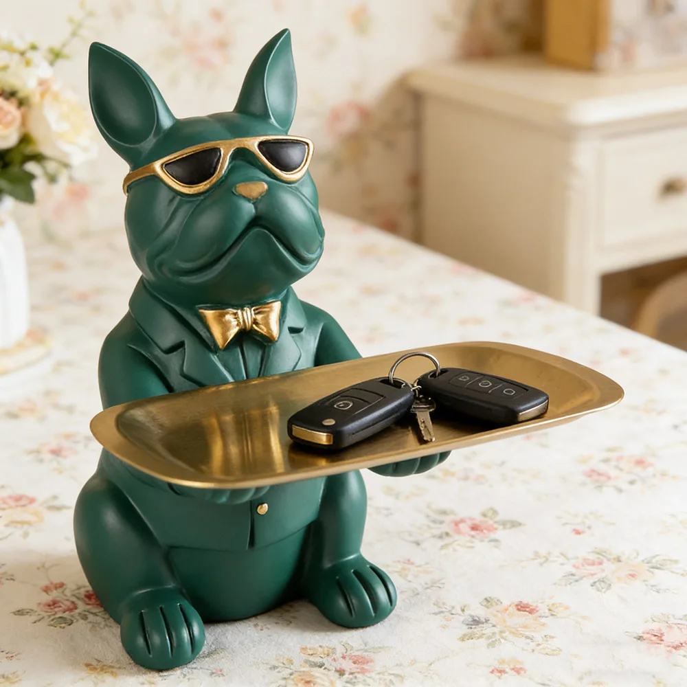 Bulldog Figurine Entryway Tray Desk Organizer 6 Colors
