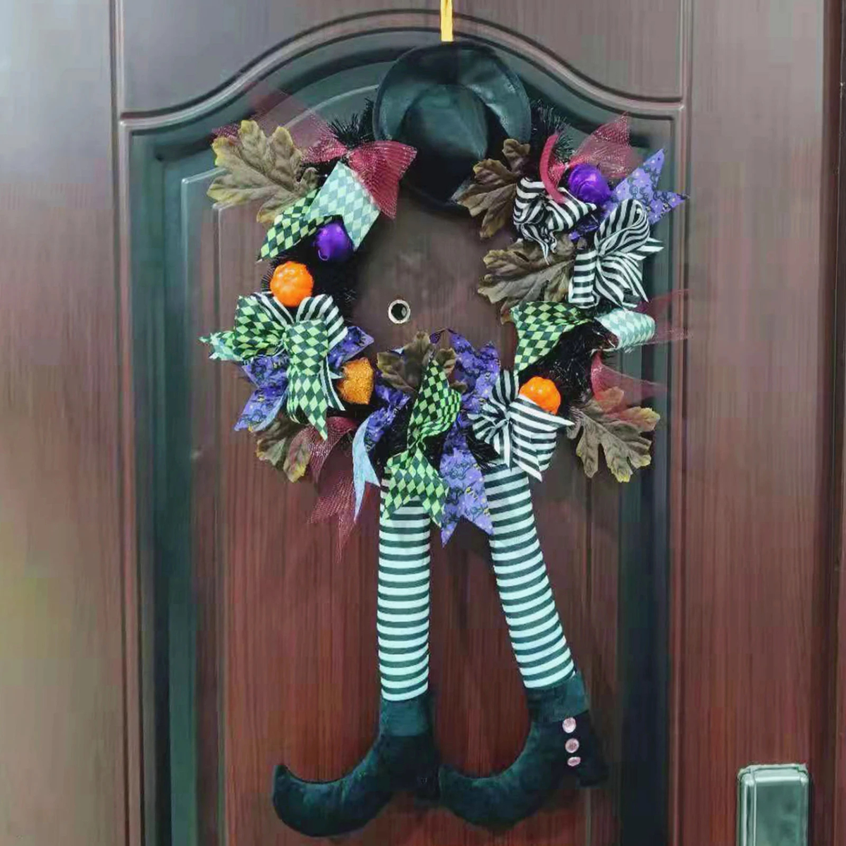 Halloween Witch Leg Wreath with Striped Legs and Curled Shoes