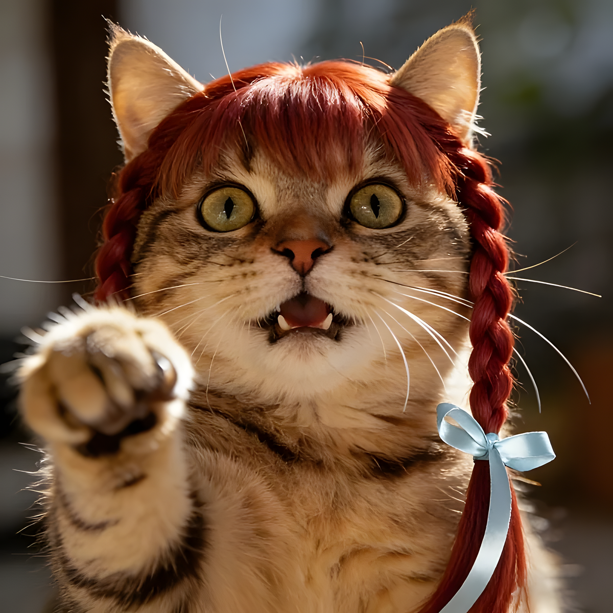 Braided Pet Wig with Bangs and Ribbon Bows for Cats & Small Dogs