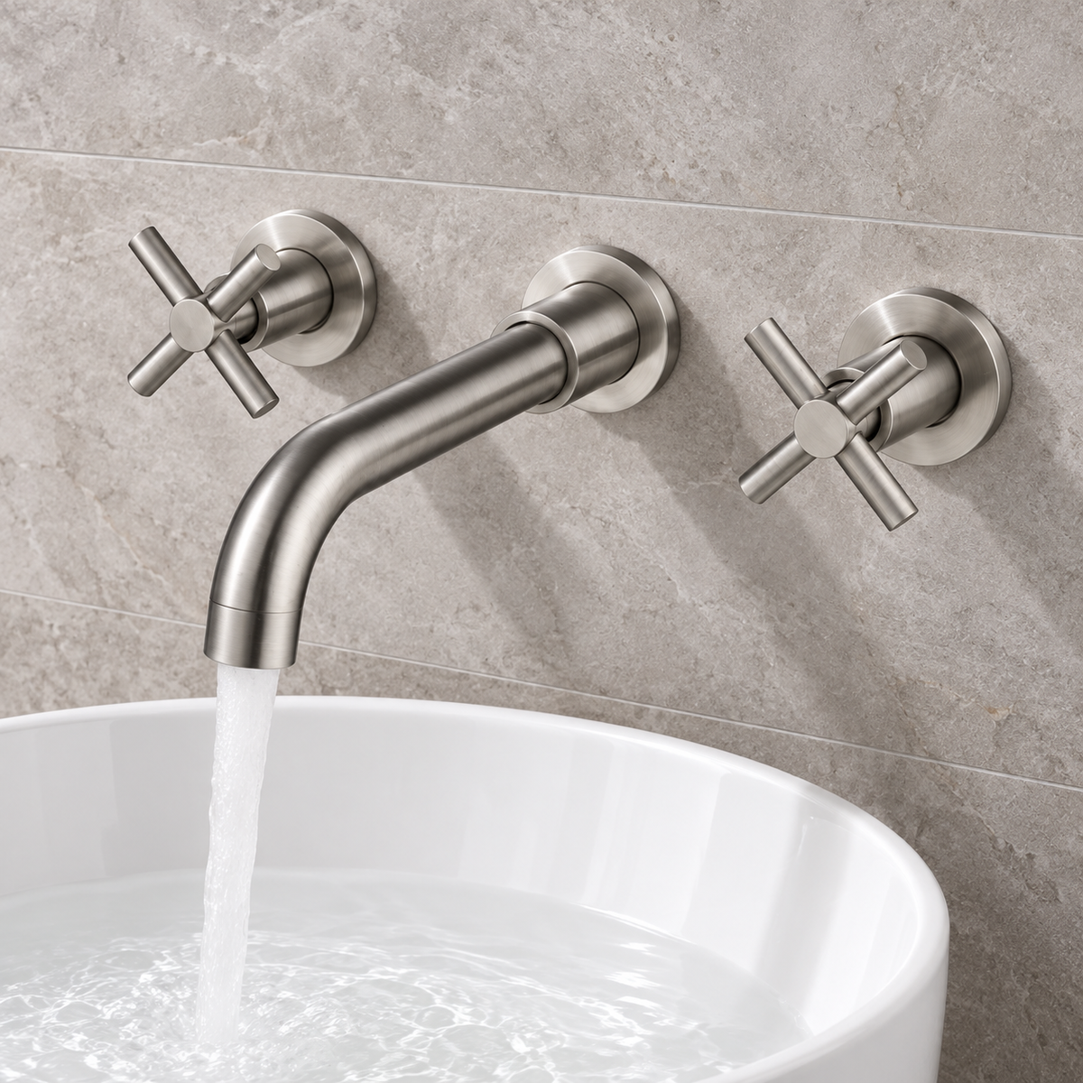 Brushed Silver Wall-Mounted Faucet with Two Cross Handles