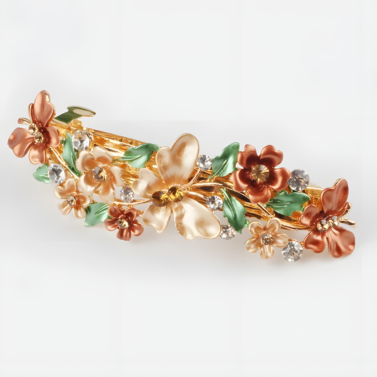 Floral Enamel Barrette with Rhinestone Accents and Gold Tone