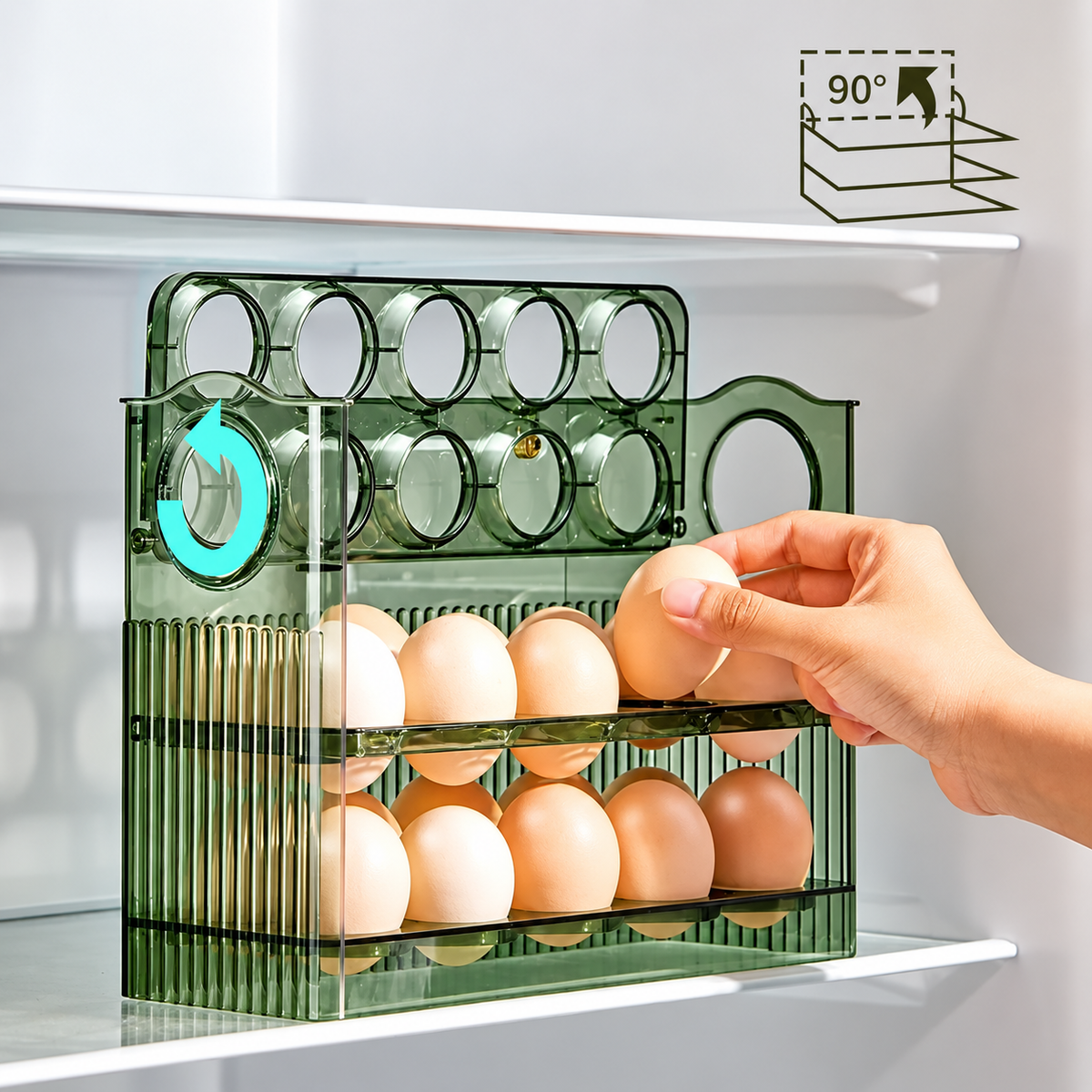 30-Egg Refrigerator Rack, Pivoting Trays and Date Slider