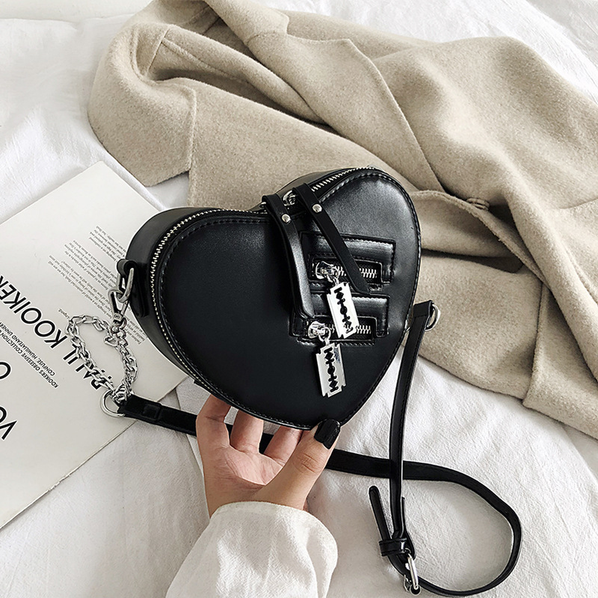 Heart-Shaped Chain Shoulder Bag with Zip Top & Adjustable Strap