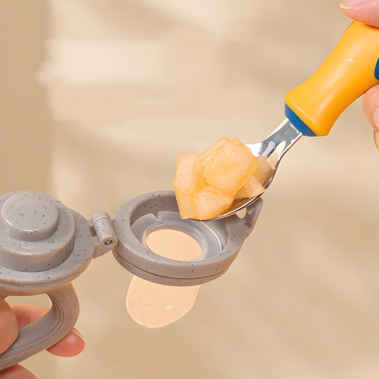 Silicone Baby Food Feeder with Two Tip Sizes Gray Beige