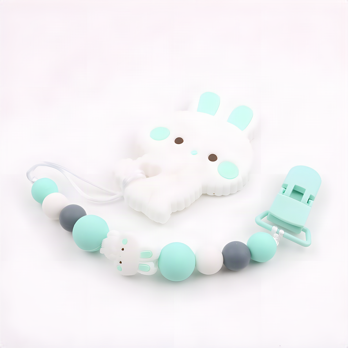 Bunny Baby Teether with Beaded Pacifier Clip in Five Colors
