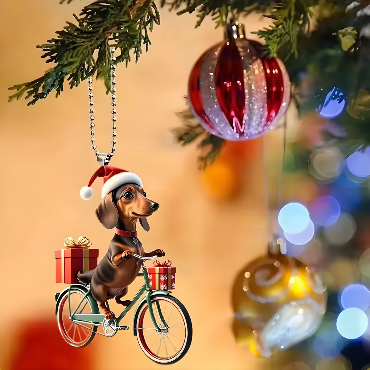 Acrylic Dog Bicycle Christmas Ornament with Festive Details