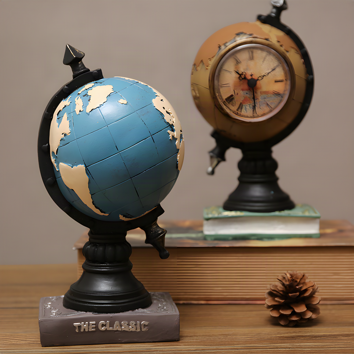 Decorative Globe Desk Clock with Roman Numerals and Book Base