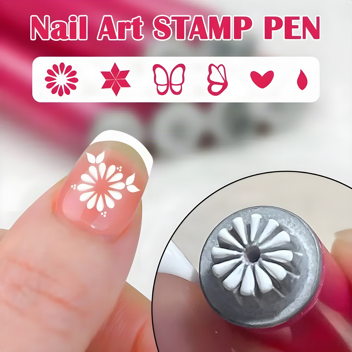 Nail Art Stamp Pen Set, Pink-Handled Floral Pattern Tools
