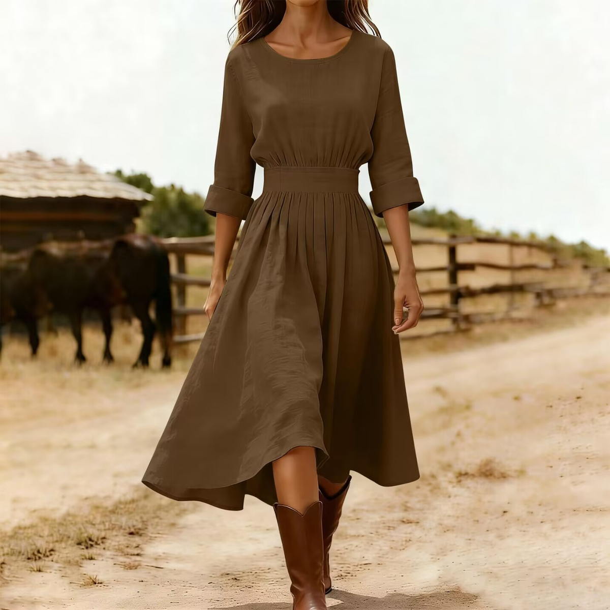 Women’s Long-Sleeve Cotton-Blend Dress with Round Neck and Waist