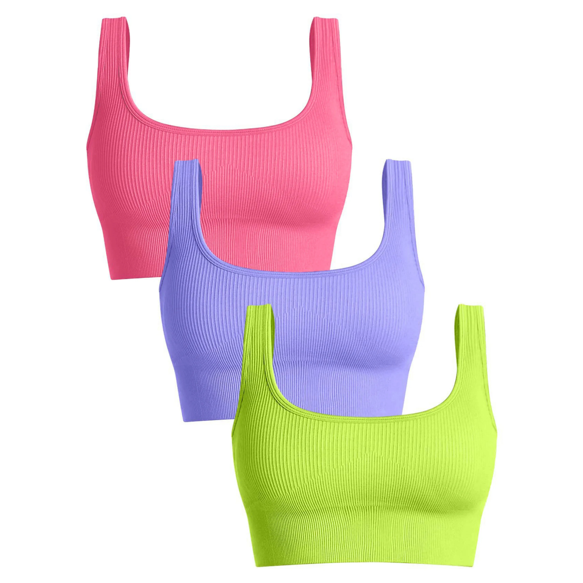 Women's Ribbed Yoga Sports Bra with Wide Straps and Scoop Neck
