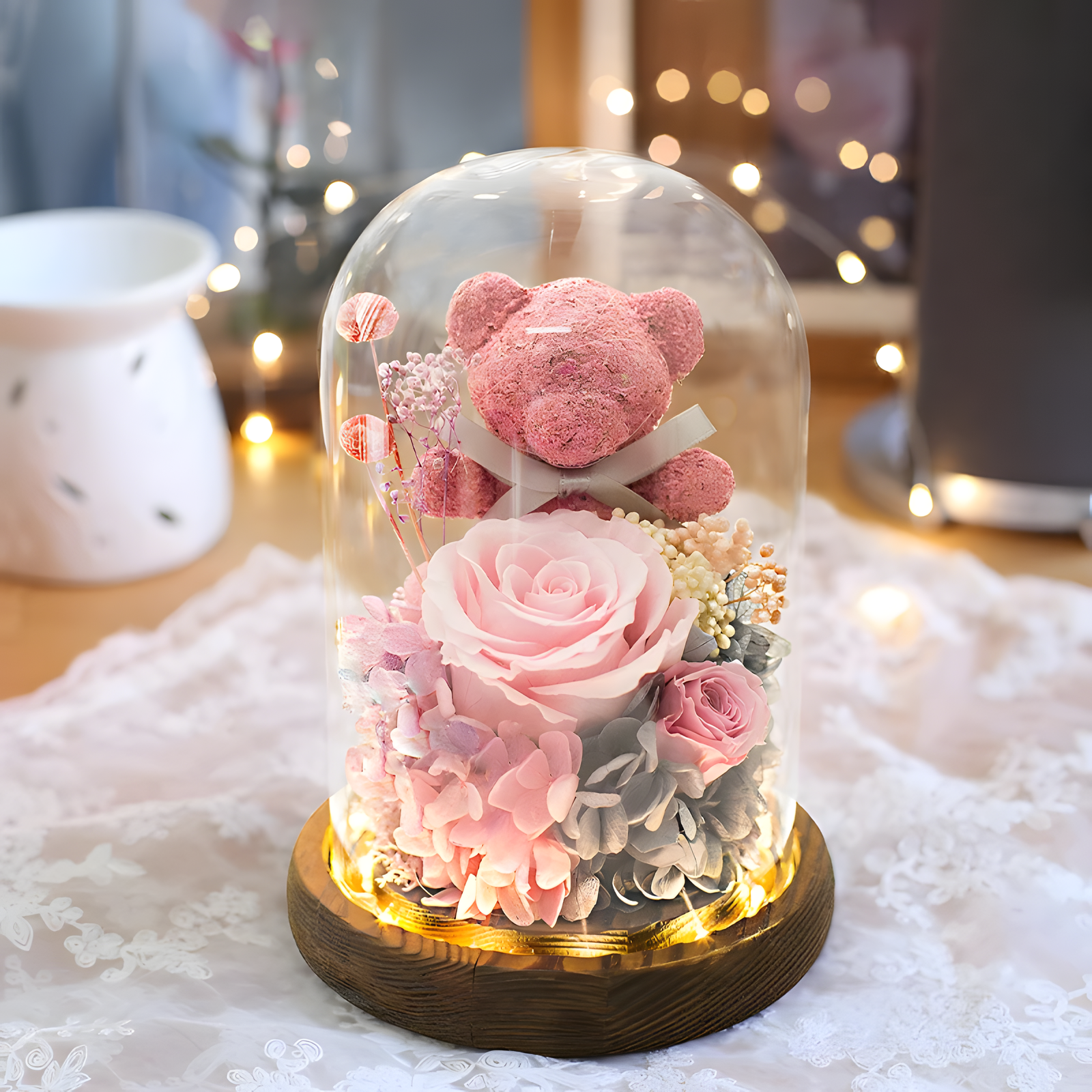 Rose Bear Glass Dome Preserved Rose Teddy Display Red Gift