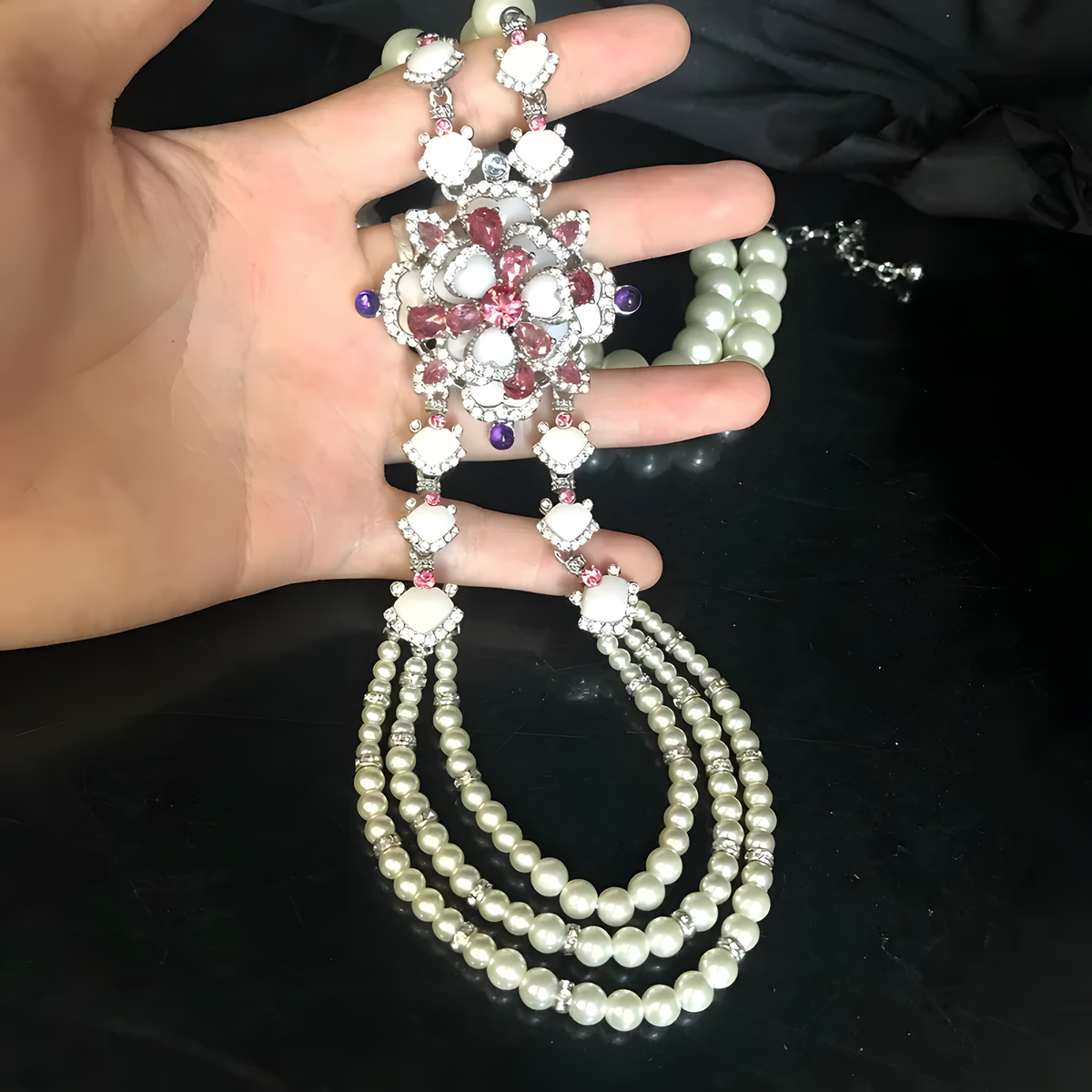Floral Tassel Jewelry Set, Pearl-Look Necklace and Earrings