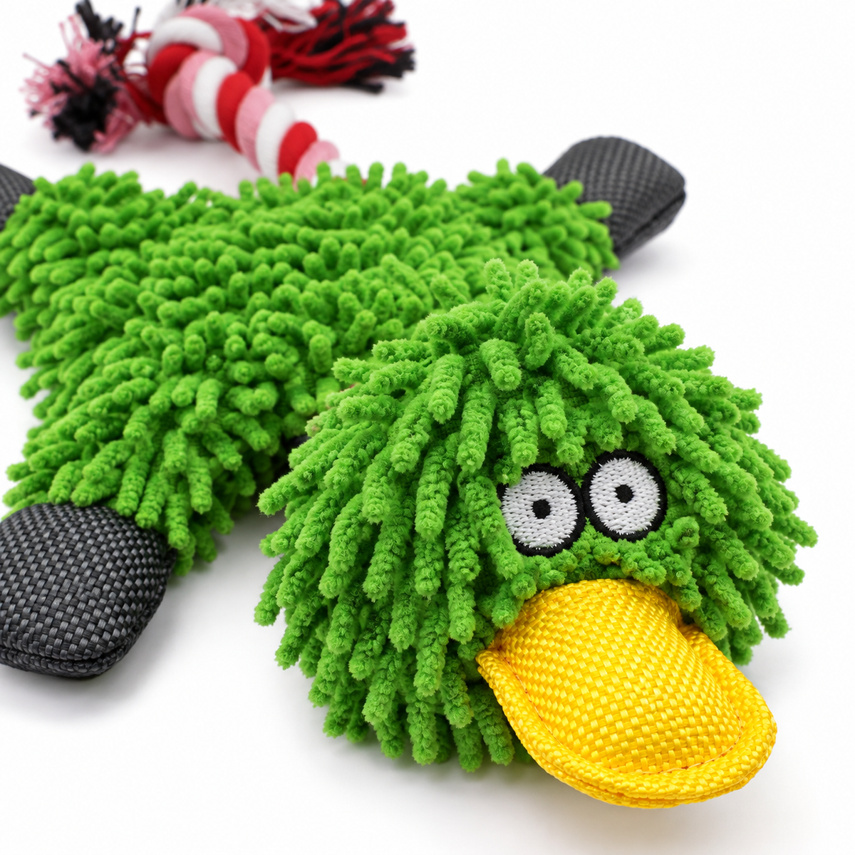 Green Chenille Duck Dog Toy with Knotted Rope Tail, 28 x 17 cm