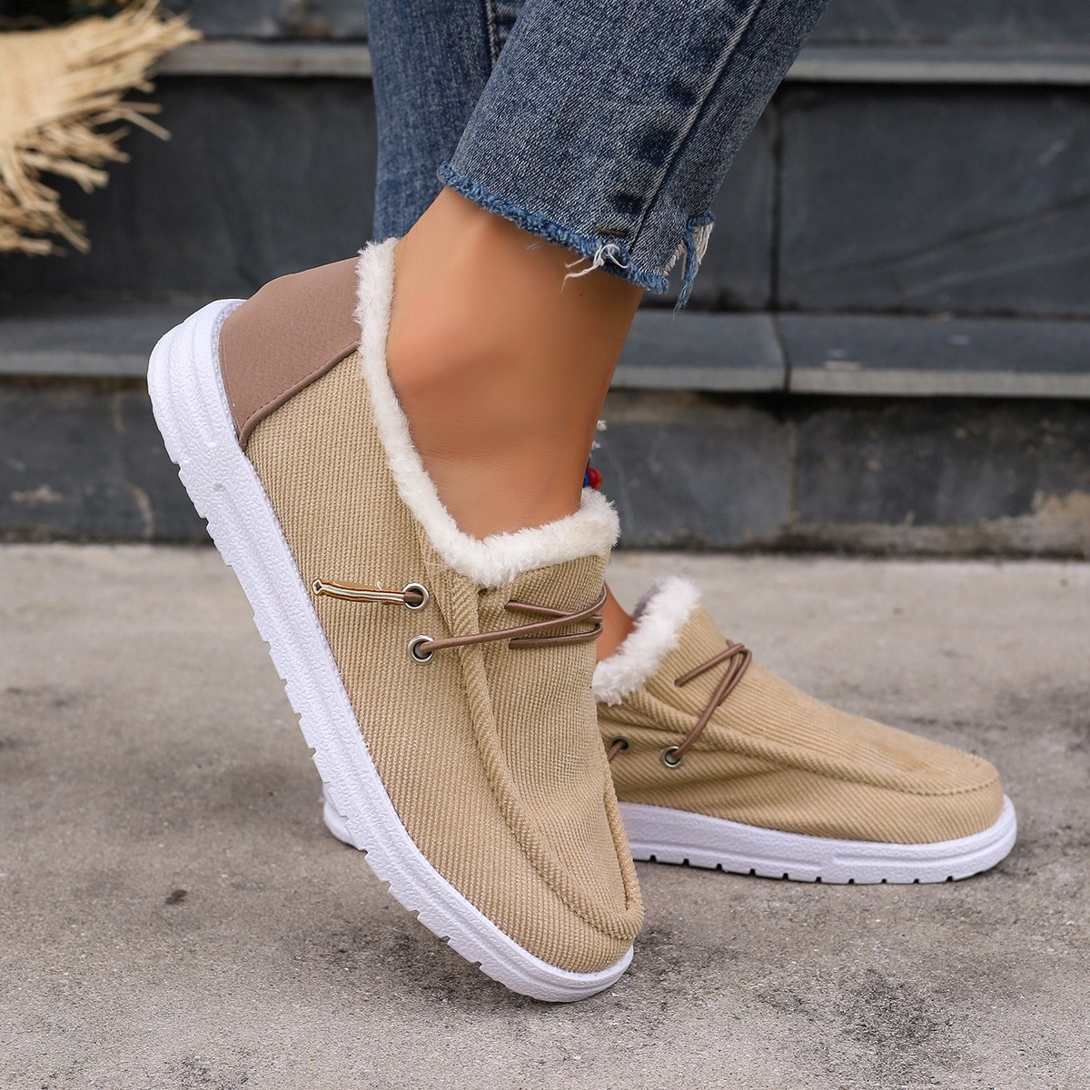 Fleece-Lined Canvas Slip-On Shoes with Elastic Cross Straps