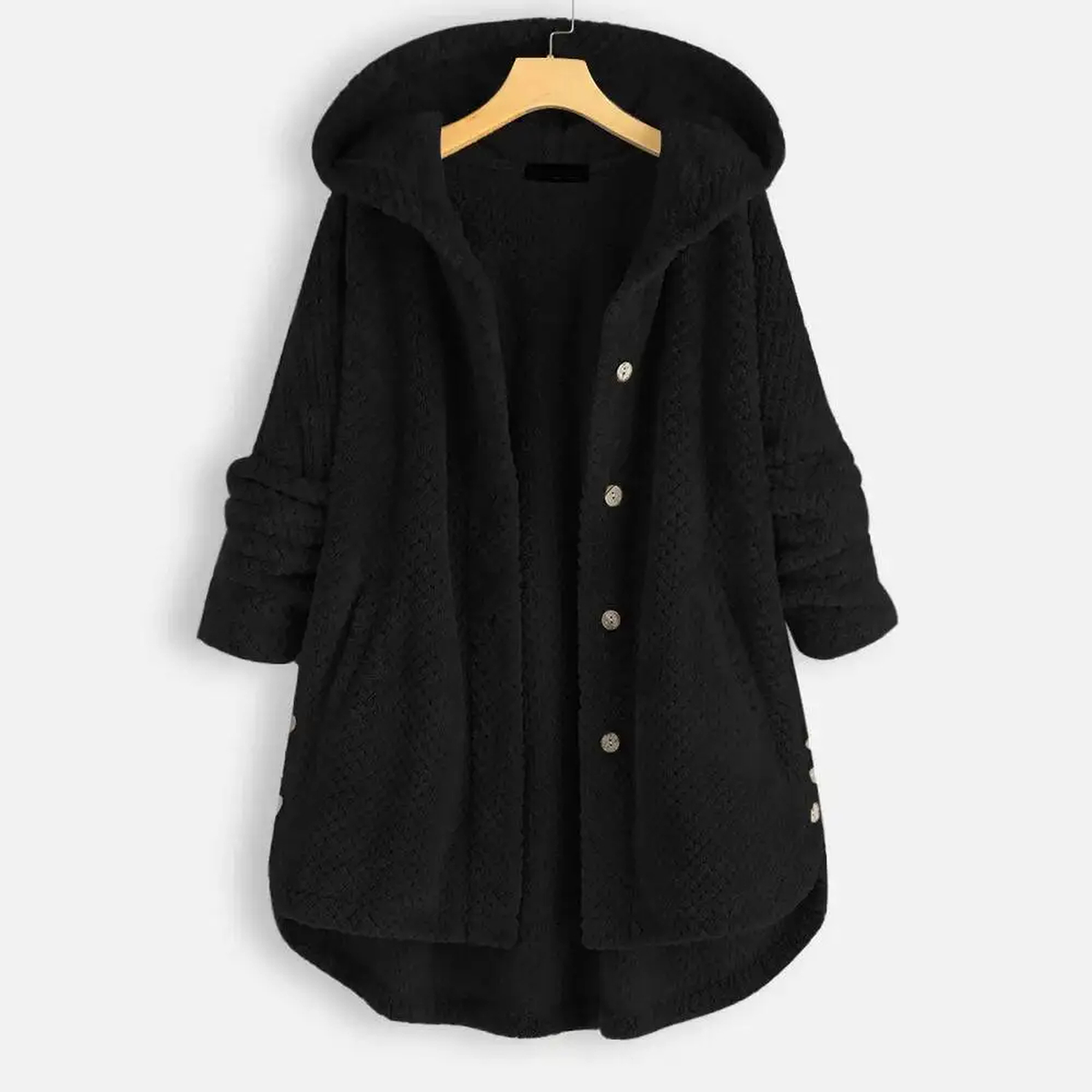 Hooded Fleece Cardigan with Buttons and Pockets, S–4XL