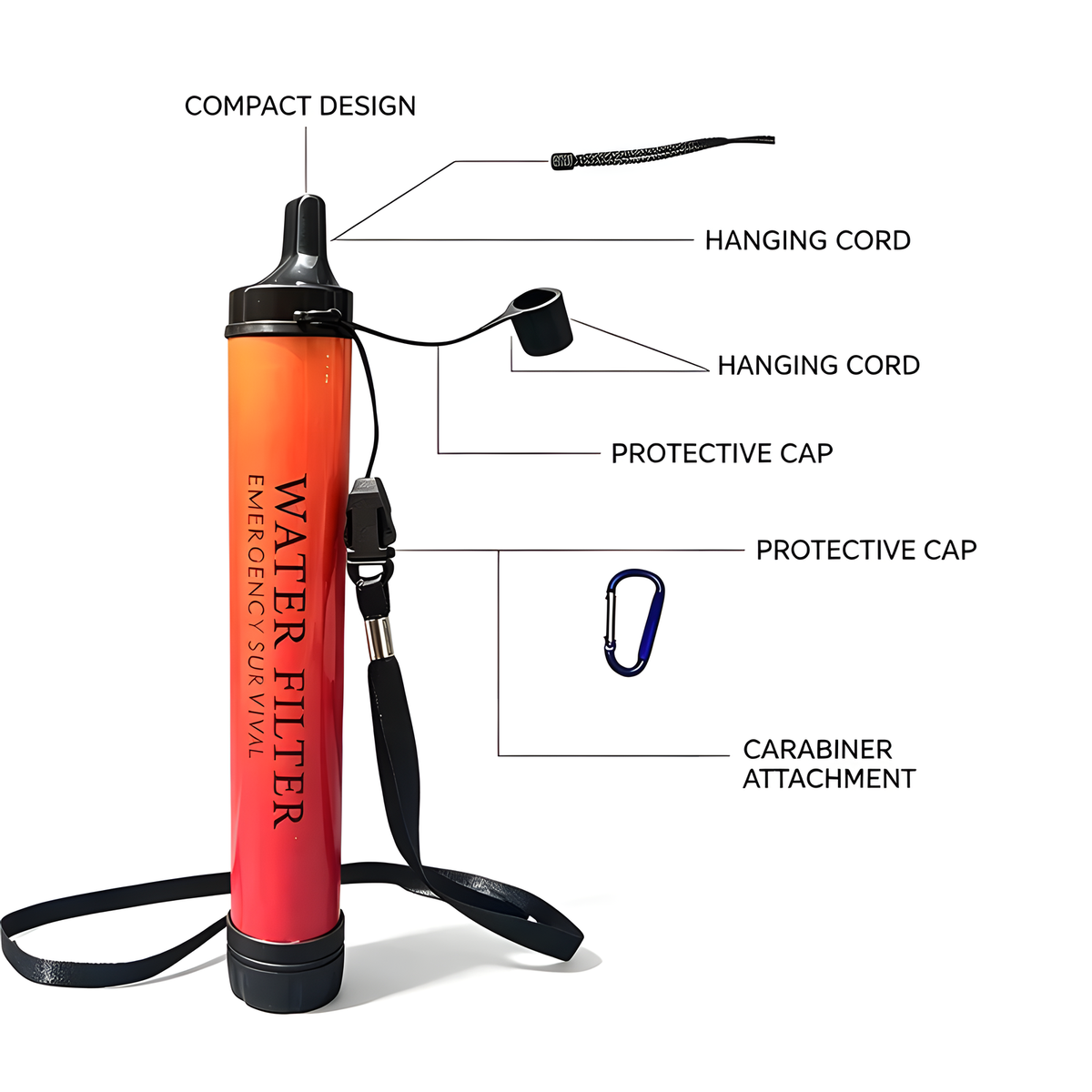 Portable Personal Water Filter Straw with Cap and Carry Cord