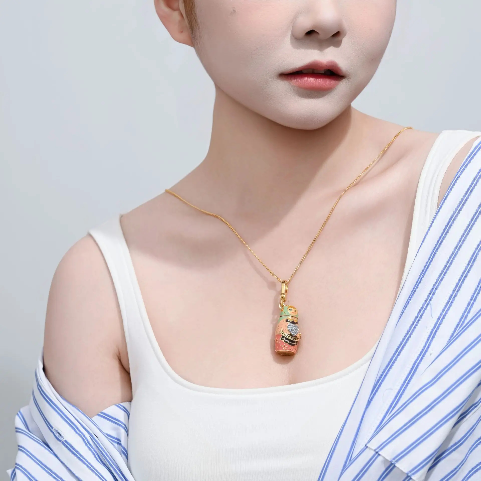 Heart Charm Pendant Necklace with Smiley Doll Design and Chain