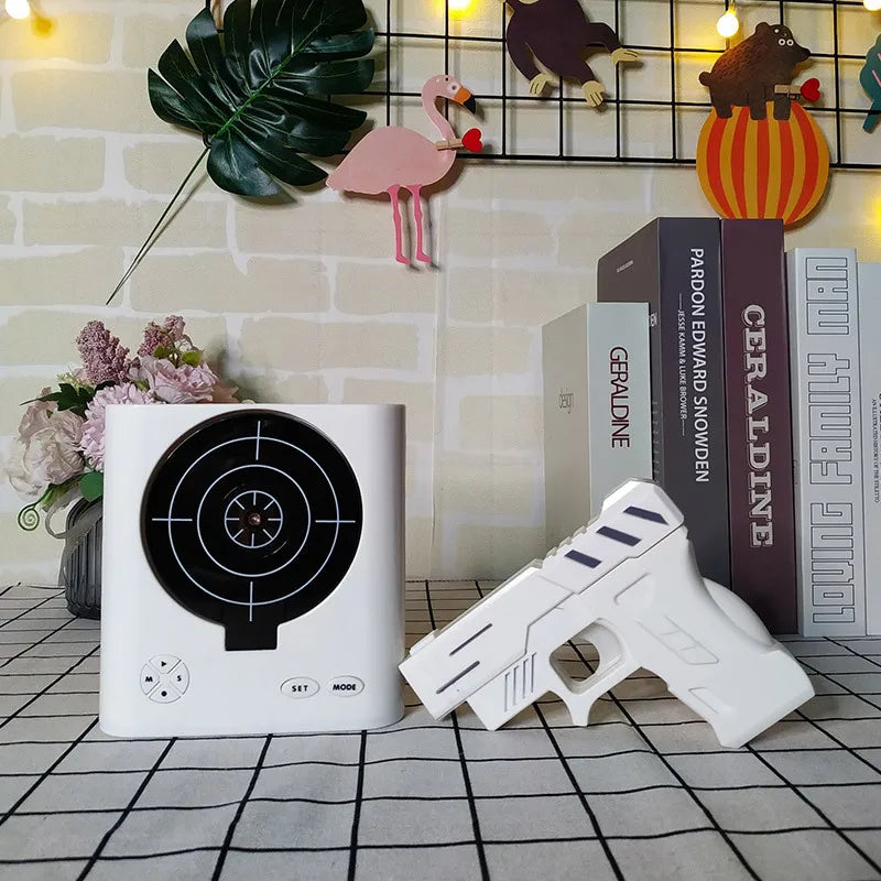 White toy gun and target book on a checkered floor with decorative items in the background.