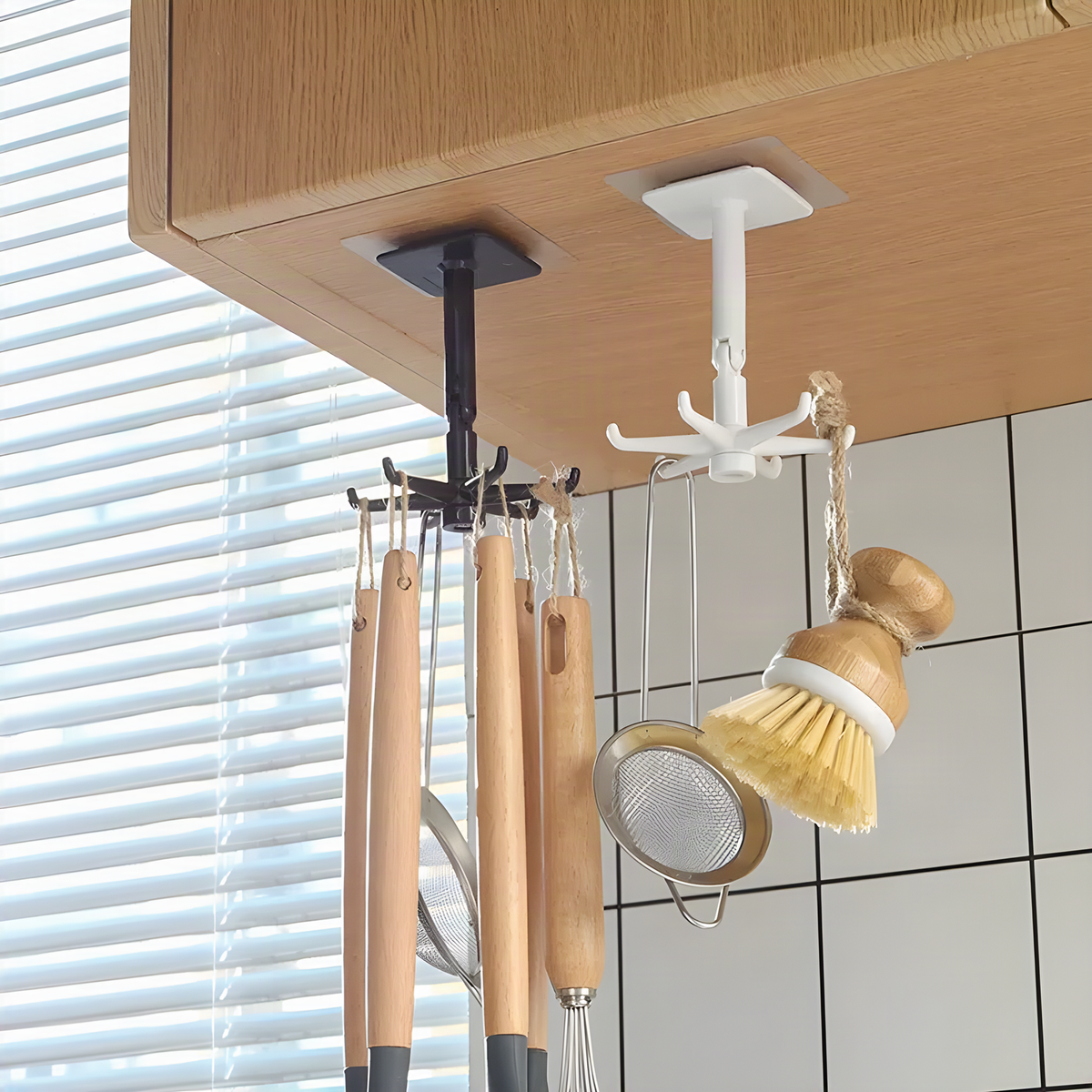 Rotating Six-Hook Utensil Hanger with Adhesive Mounting Pad