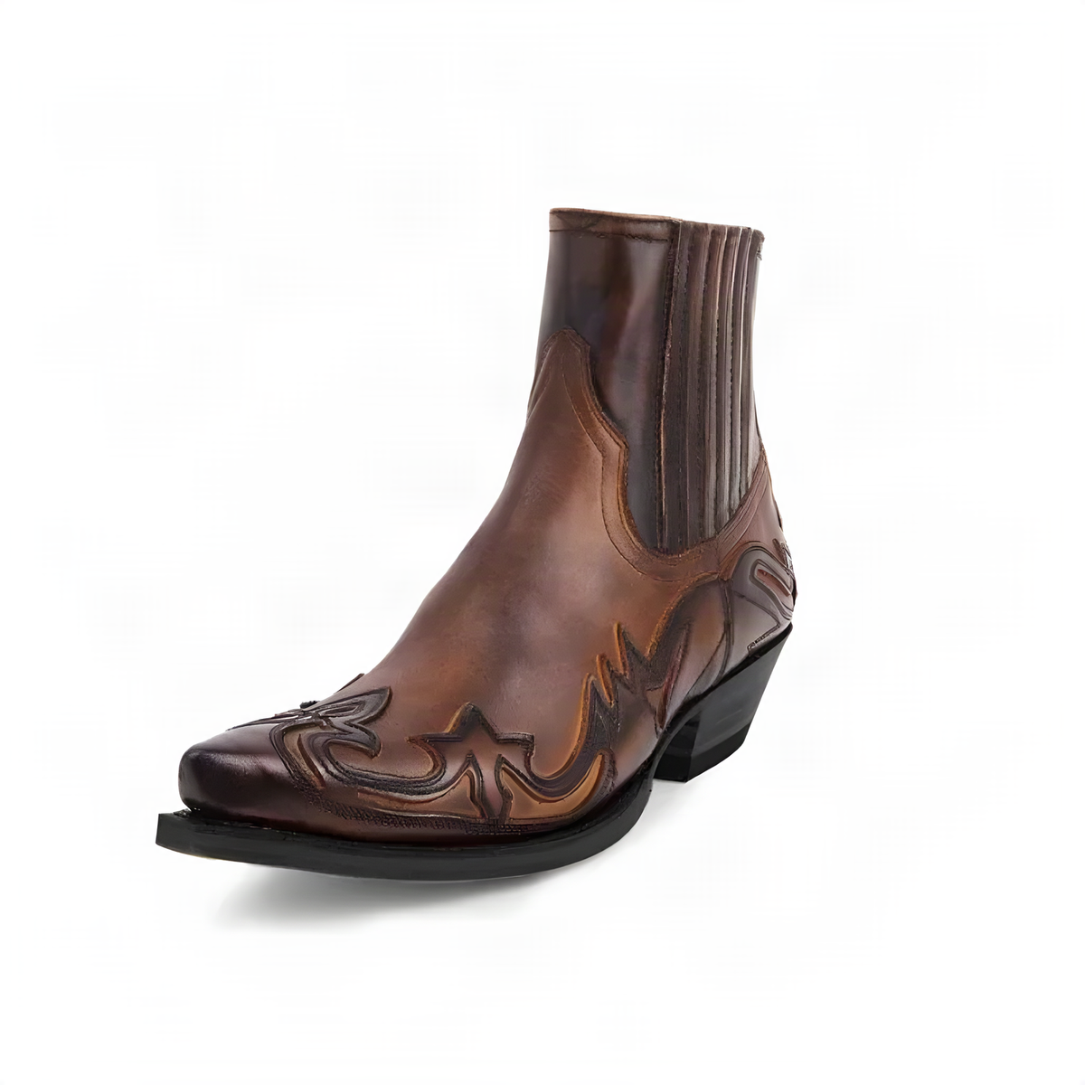Western Pull-On Ankle Boots with Flame Stitching and Low Heel