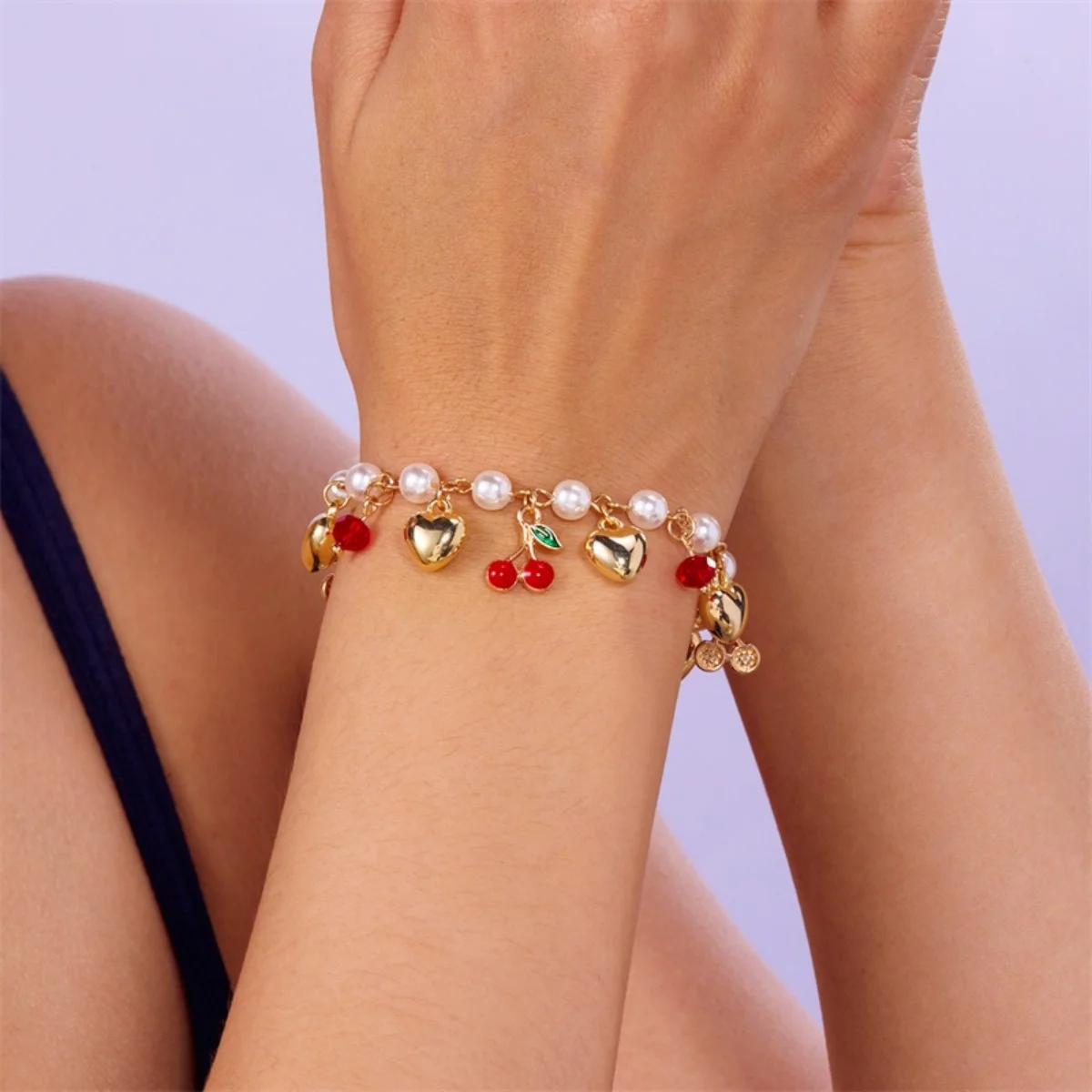 Pearl-Look Charm Bracelet with Fruit and Heart Accents