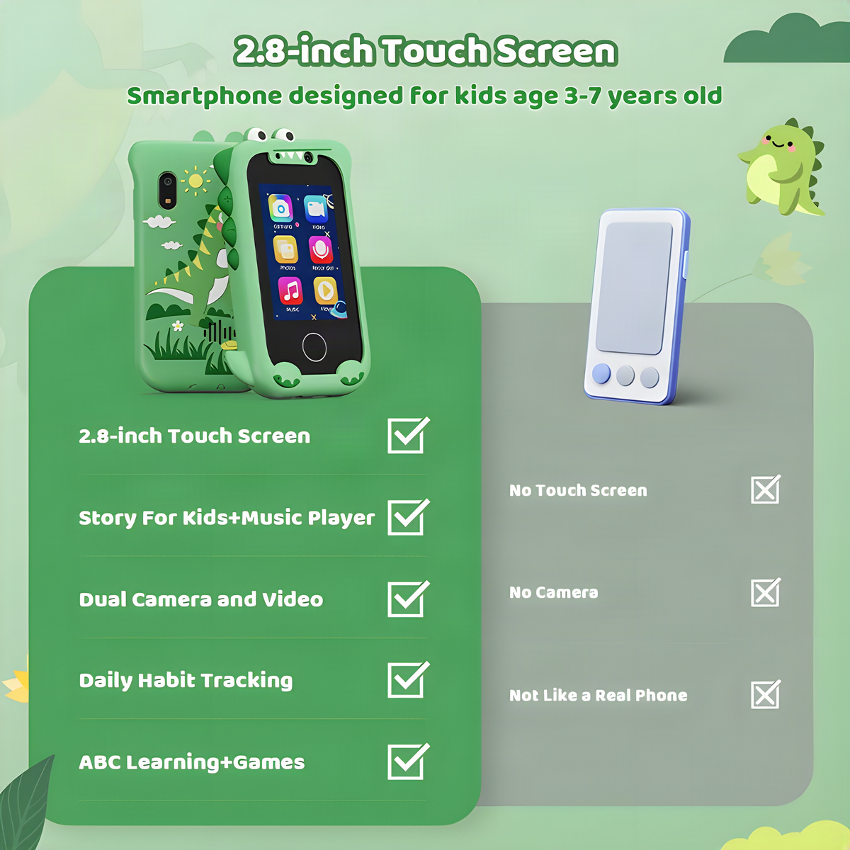 Dinosaur Kids Touchscreen Toy Phone with Front and Rear Cameras