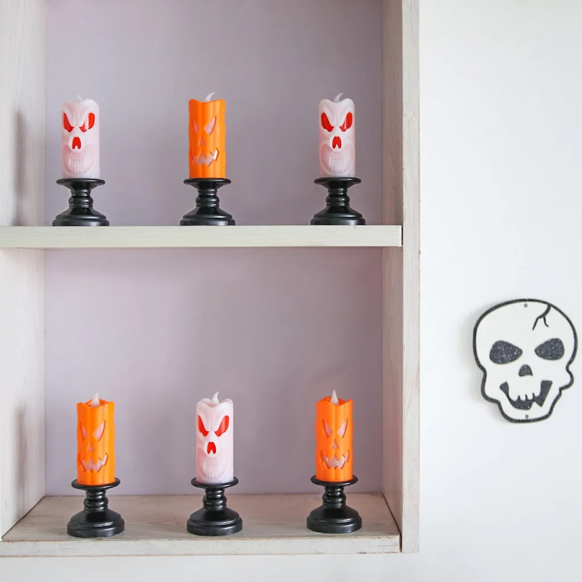 Orange Halloween LED Candlestick with Jack-o'-Lantern Face