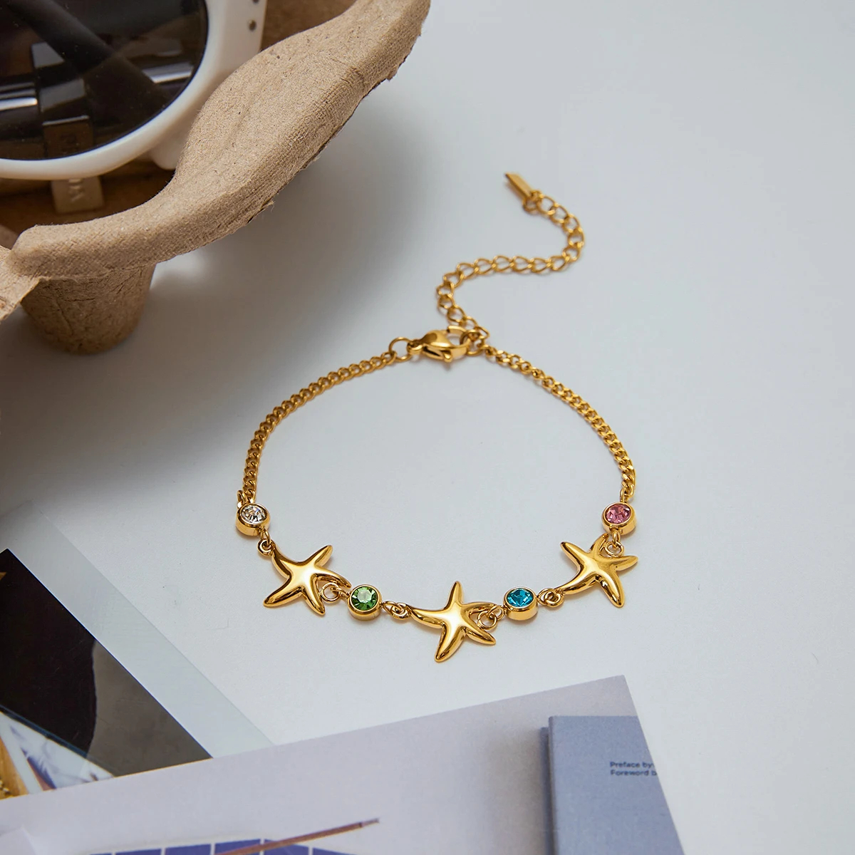 Gold-Tone Starfish Chain Bracelet with Colorful Accents